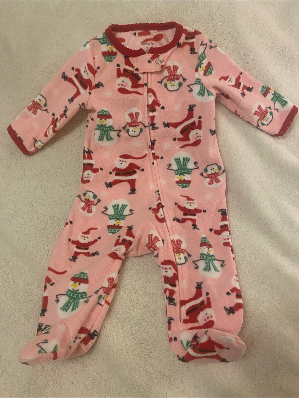Carter's Pink Fleece Holiday Footed One-Piece with Santa & Snowman